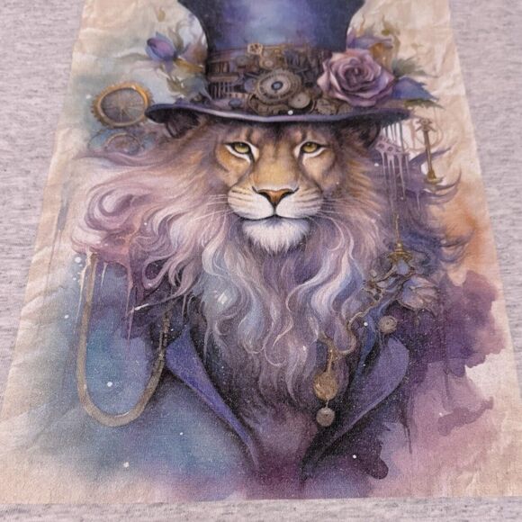 Steampunk Lion Graphic Tee 2XL Gray Fantasy Art Top Hat Roses - Picture 3 of 16